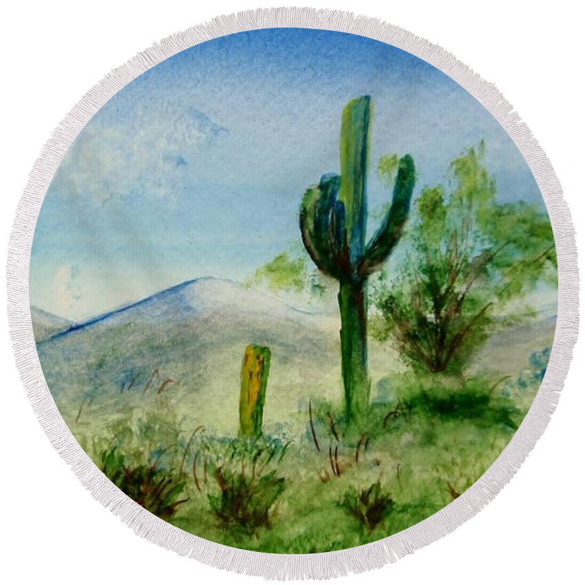 Original Round Beach Towel featuring the painting Blue Cactus by Jamie Frier
