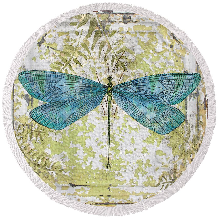Acrylic Painting Round Beach Towel featuring the painting Blue Dragonfly on Vintage Tin by Jean Plout