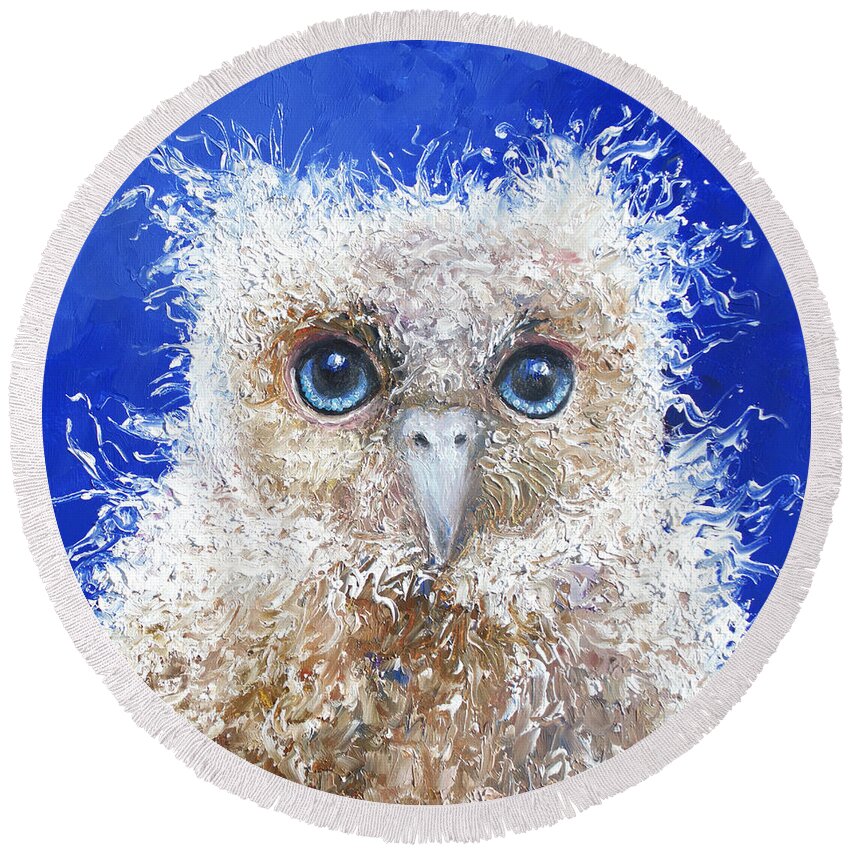 Owl Round Beach Towel featuring the painting Blue eyed owl painting by Jan Matson