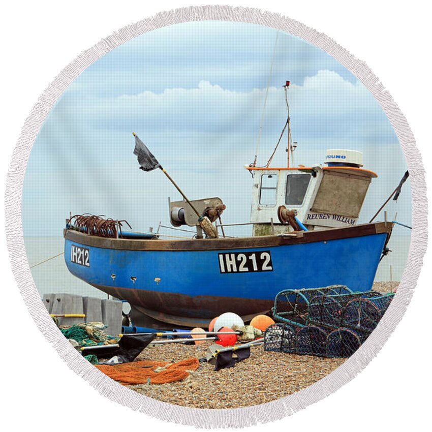 Blue Fishing Boat Round Beach Towel featuring the photograph Blue Fishing Boat by Julia Gavin