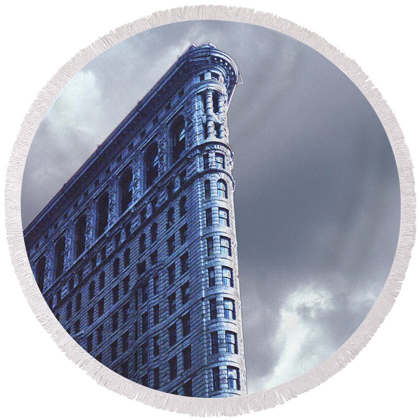 Architecture Round Beach Towel featuring the photograph Blue Glow FlatIron Building New York by Tom Wurl