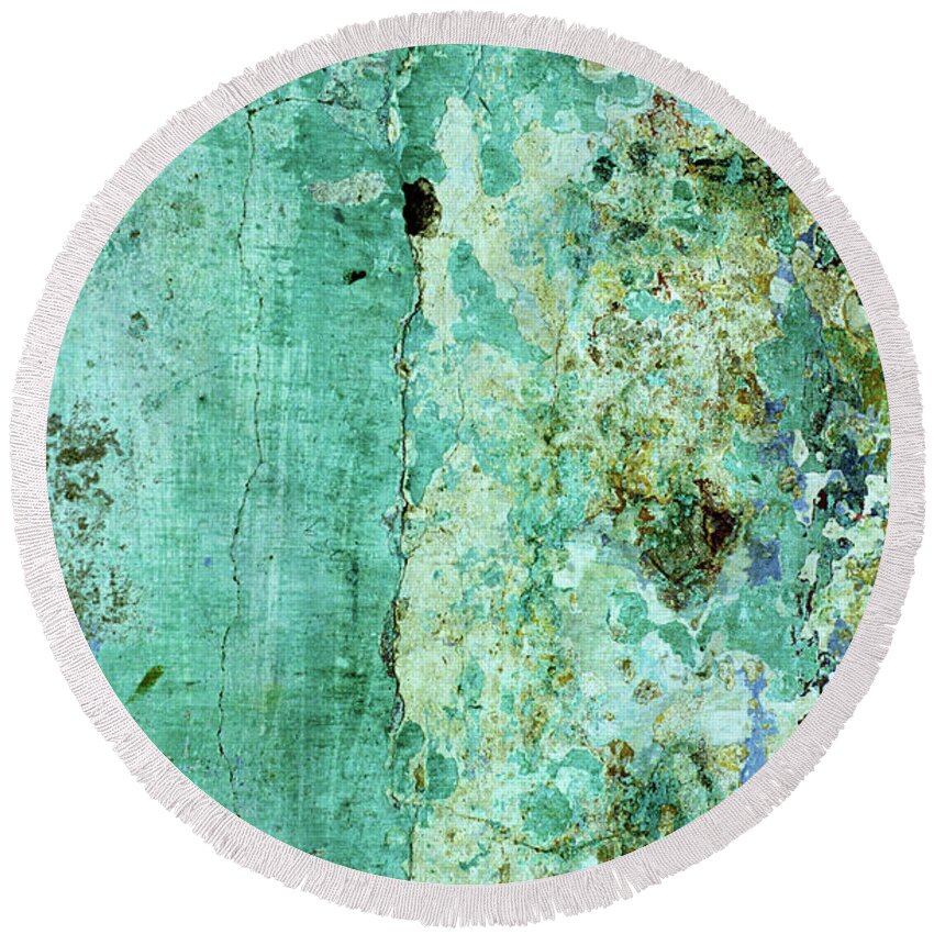 Weathered Round Beach Towel featuring the photograph Blue Green Wall by Rick Piper Photography