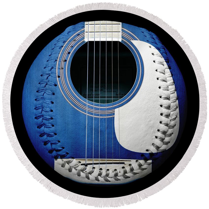 Andee Design Baseball Round Beach Towel featuring the photograph Blue Guitar Baseball White Laces Square by Andee Design