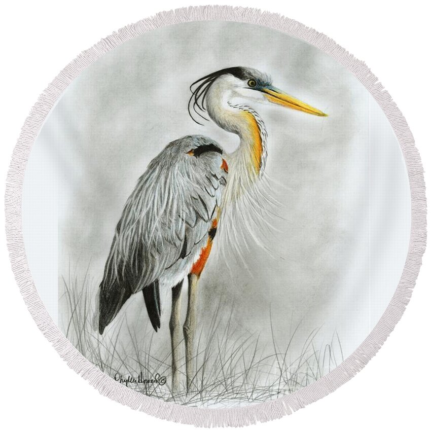 Heron Round Beach Towel featuring the drawing Blue Heron 3 by Phyllis Howard