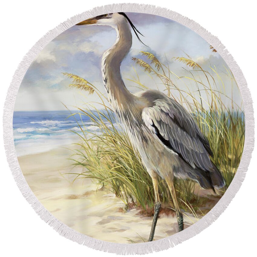 Blue Heron Round Beach Towel featuring the painting Blue Heron by Laurie Snow Hein