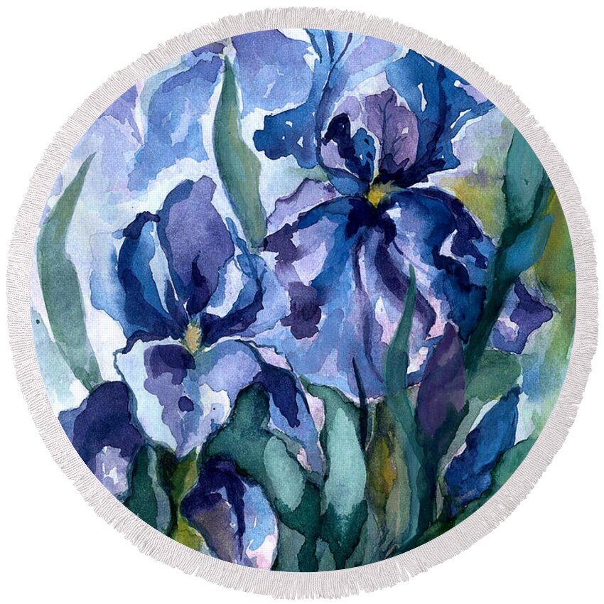 Flower Round Beach Towel featuring the painting Blue Iris by Barbara Jewell