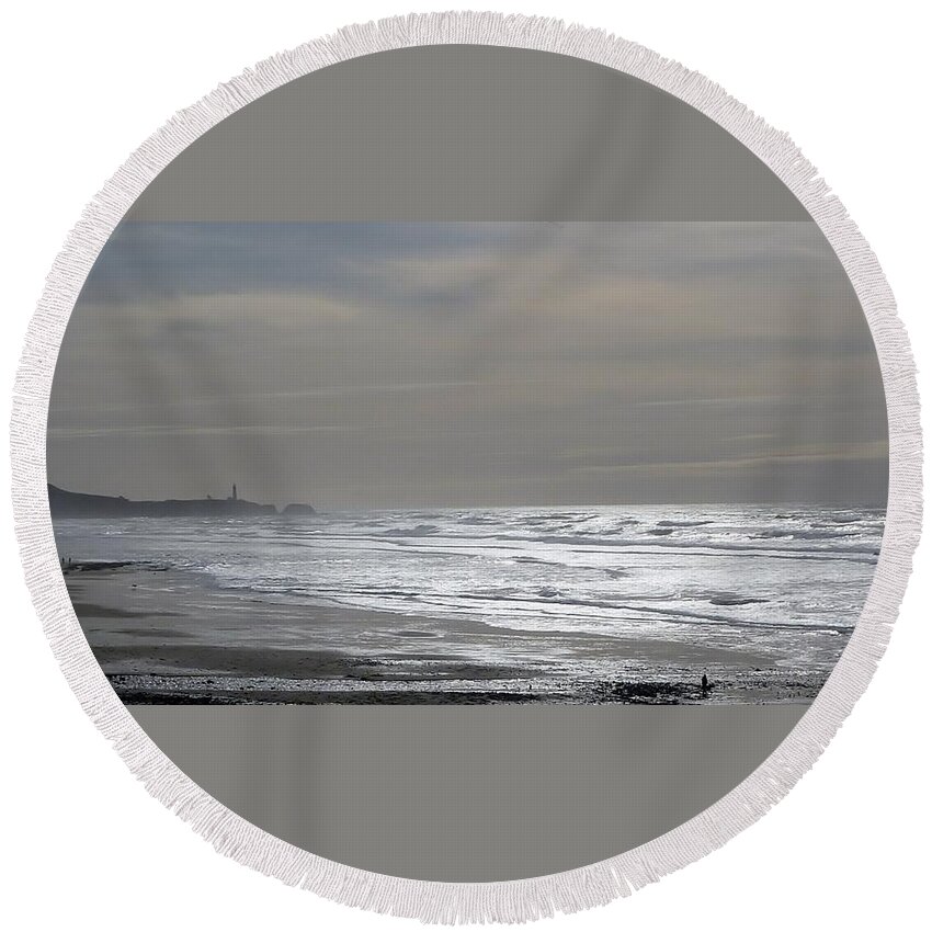 Waves Round Beach Towel featuring the photograph Blue Lighthouse view by Susan Garren