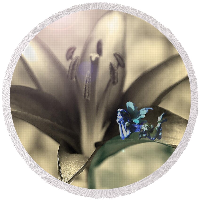 Fairies Round Beach Towel featuring the photograph Blue Lily Fairy by Nina Silver