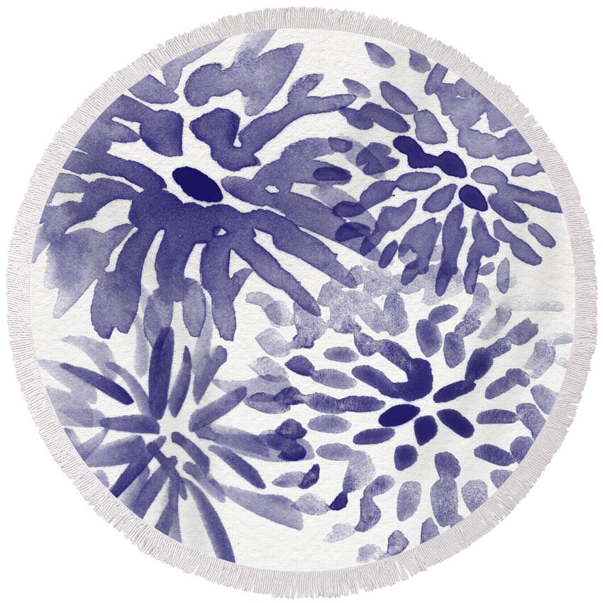 Flowers Round Beach Towel featuring the mixed media Blue Mums- Watercolor Floral Art by Linda Woods