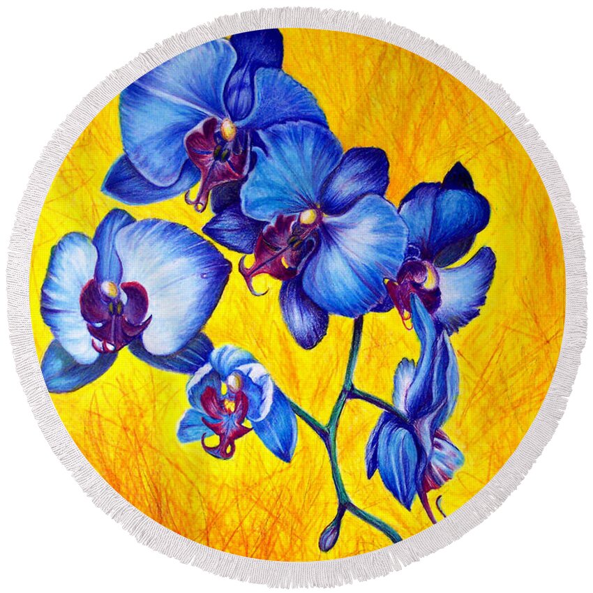 Orchid Flower Round Beach Towel featuring the painting Blue Orchids 1 by Nancy Cupp