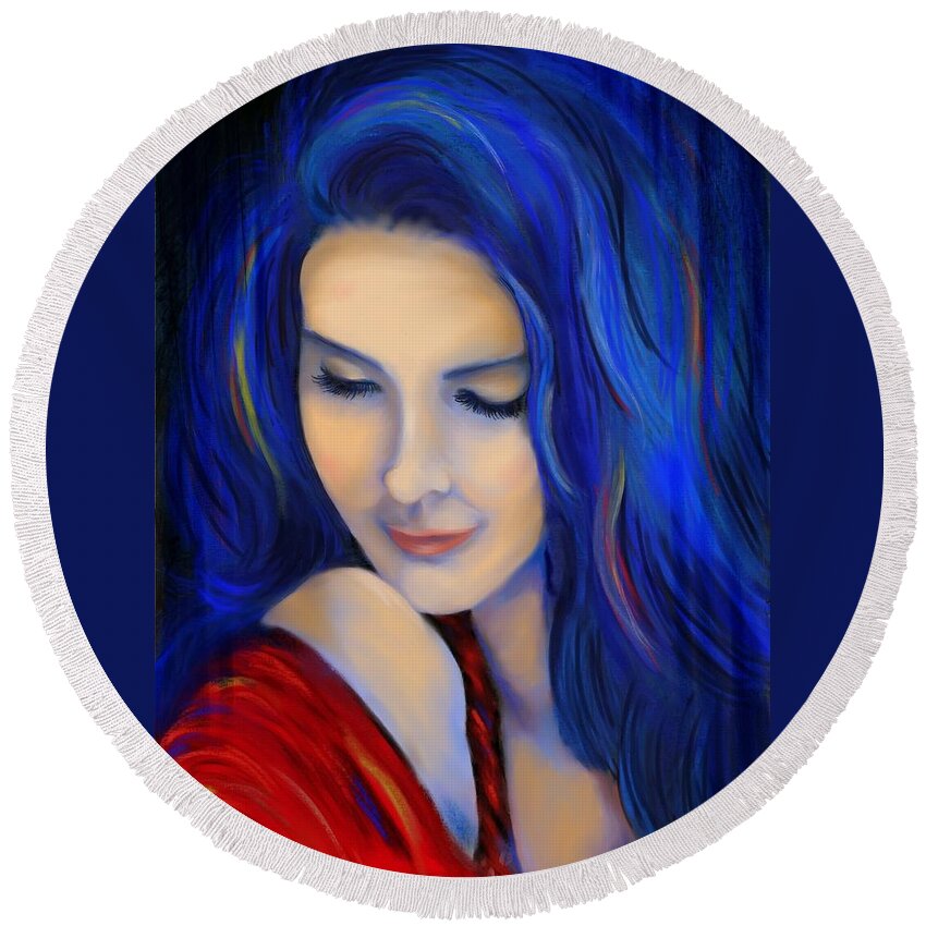 Girl Round Beach Towel featuring the painting Blue Pensive by Debi Starr