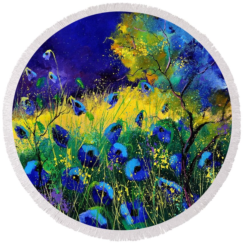 Landscape Round Beach Towel featuring the painting Blue poppies 7741 by Pol Ledent