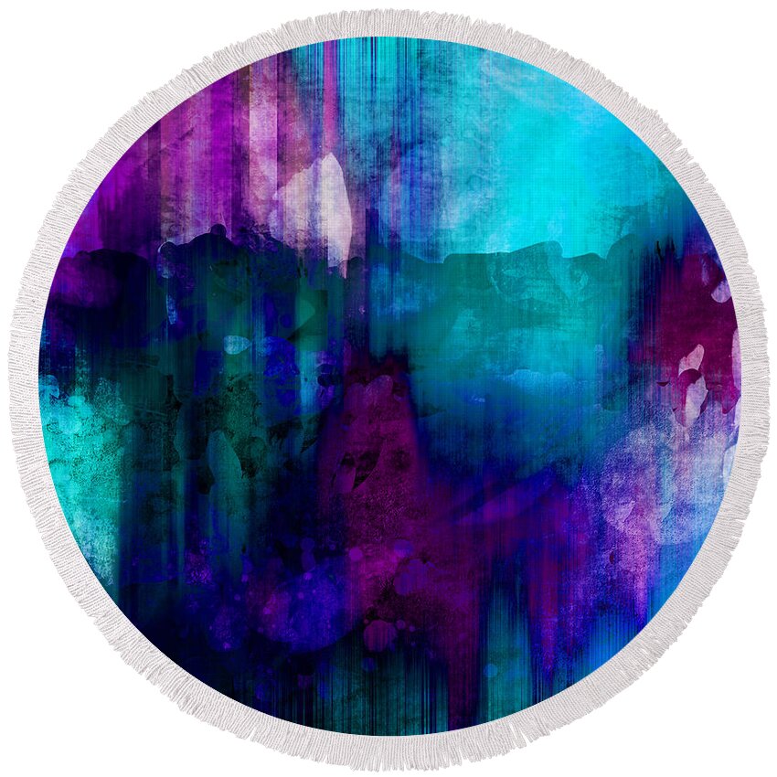 Abstract Round Beach Towel featuring the painting Blue Rain abstract art  by Ann Powell