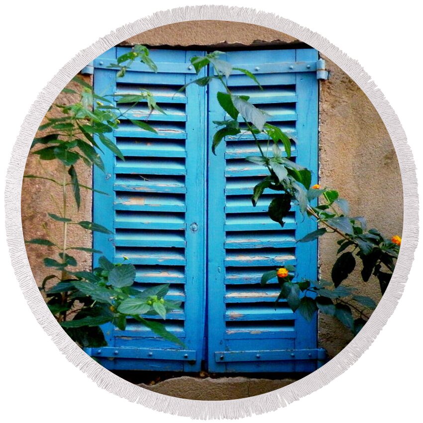 Window Round Beach Towel featuring the photograph Blue Shuttered Window by Lainie Wrightson