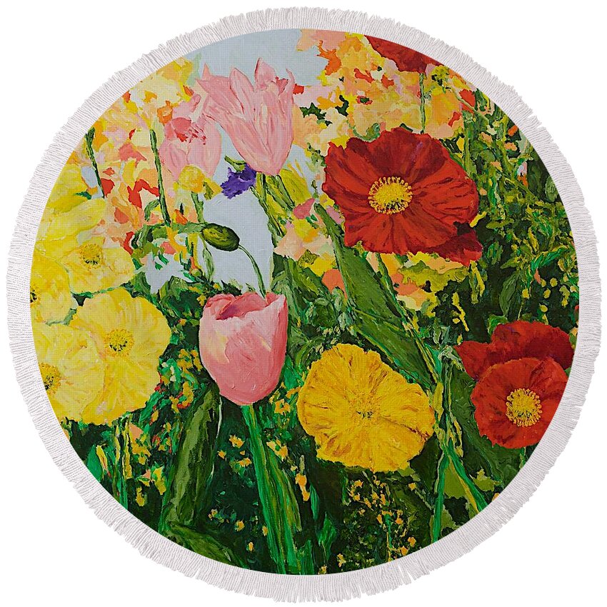 Landscape Round Beach Towel featuring the painting Blue Skies and Sunshine by Allan P Friedlander
