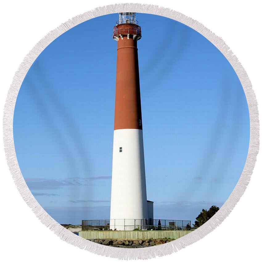 Barnegat Lighthouse Round Beach Towel featuring the photograph Blue Sky Blue Sea And Barnegat Light by Christiane Schulze Art And Photography