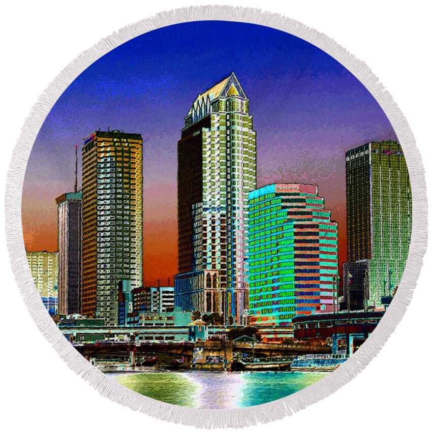 Art Round Beach Towel featuring the painting Tampa A Blue Sky City original work by David Lee Thompson