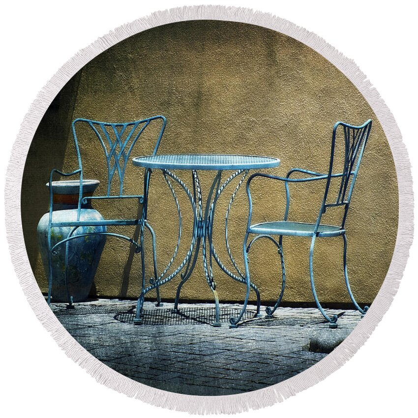 Lucinda Walter Round Beach Towel featuring the photograph Blue Table and Chairs by Lucinda Walter