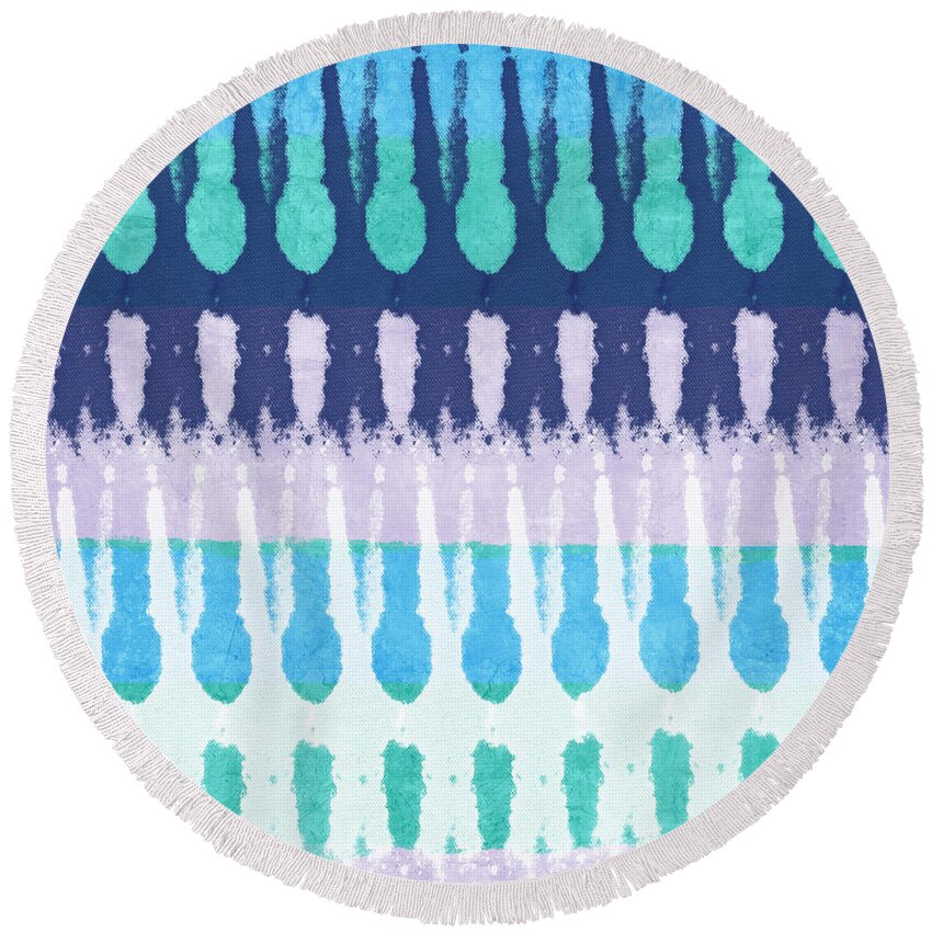 Blue Round Beach Towel featuring the painting Blue Tie Dye by Linda Woods