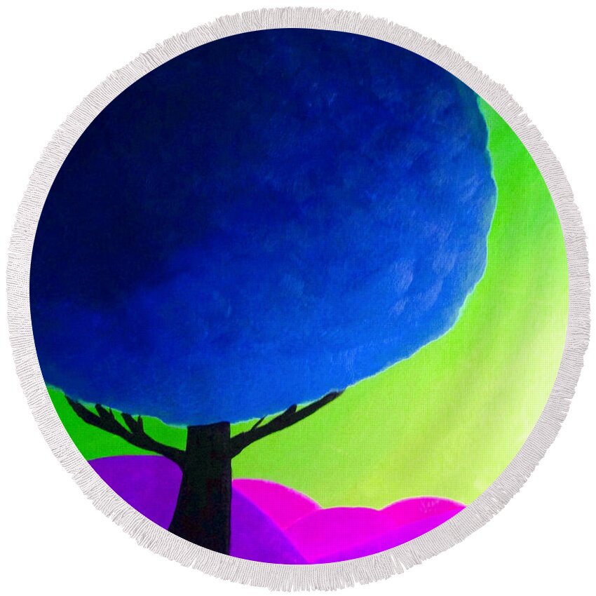 Tree Art Round Beach Towel featuring the painting Blue Tree by Anita Lewis