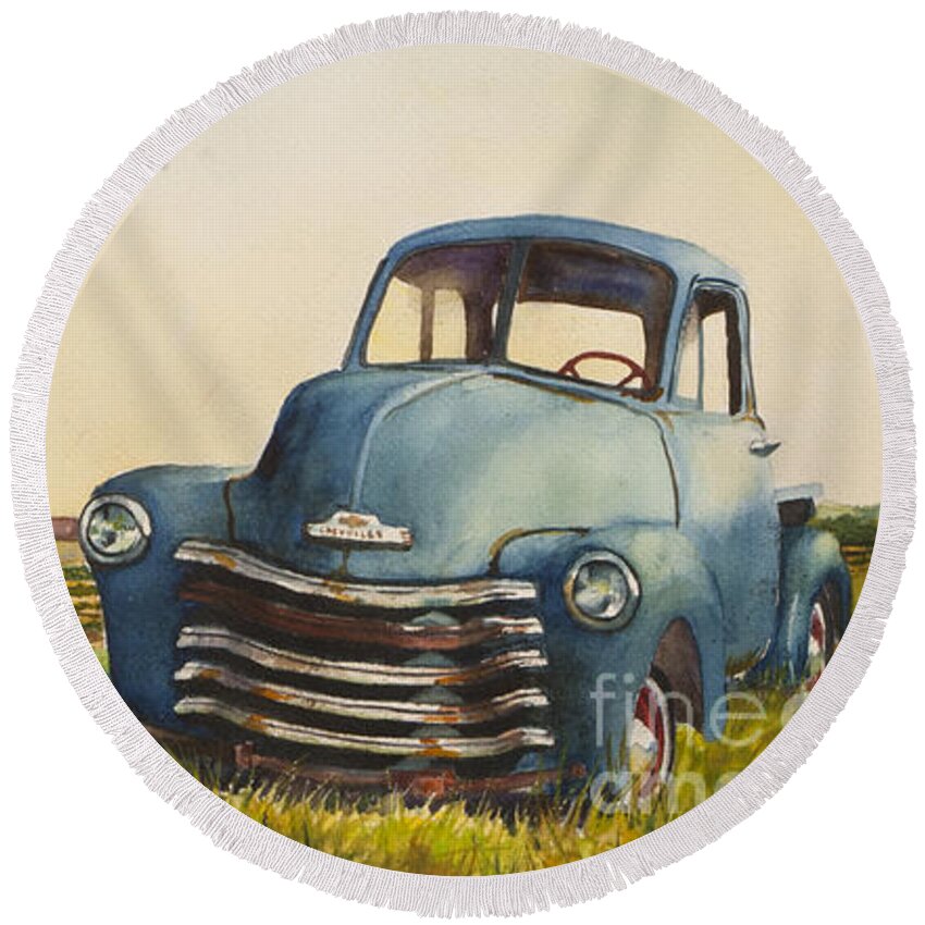 Blue Truck Round Beach Towel featuring the painting Blue Truck North Fork by Susan Herbst
