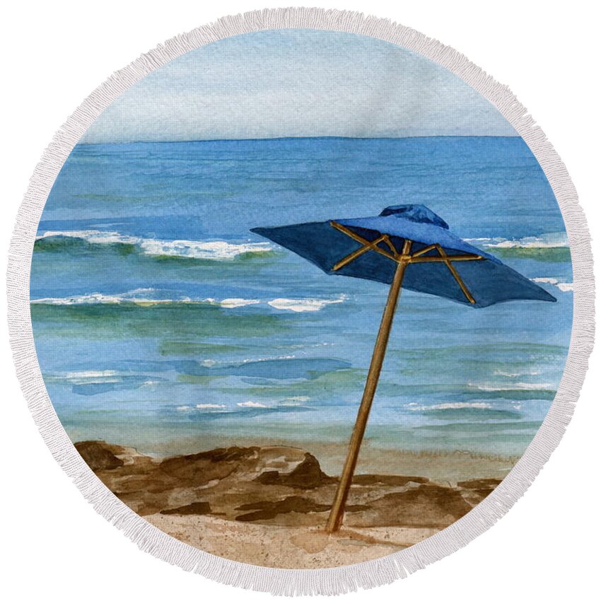 Blue Umbrella Round Beach Towel featuring the painting Blue Umbrella by Nancy Patterson