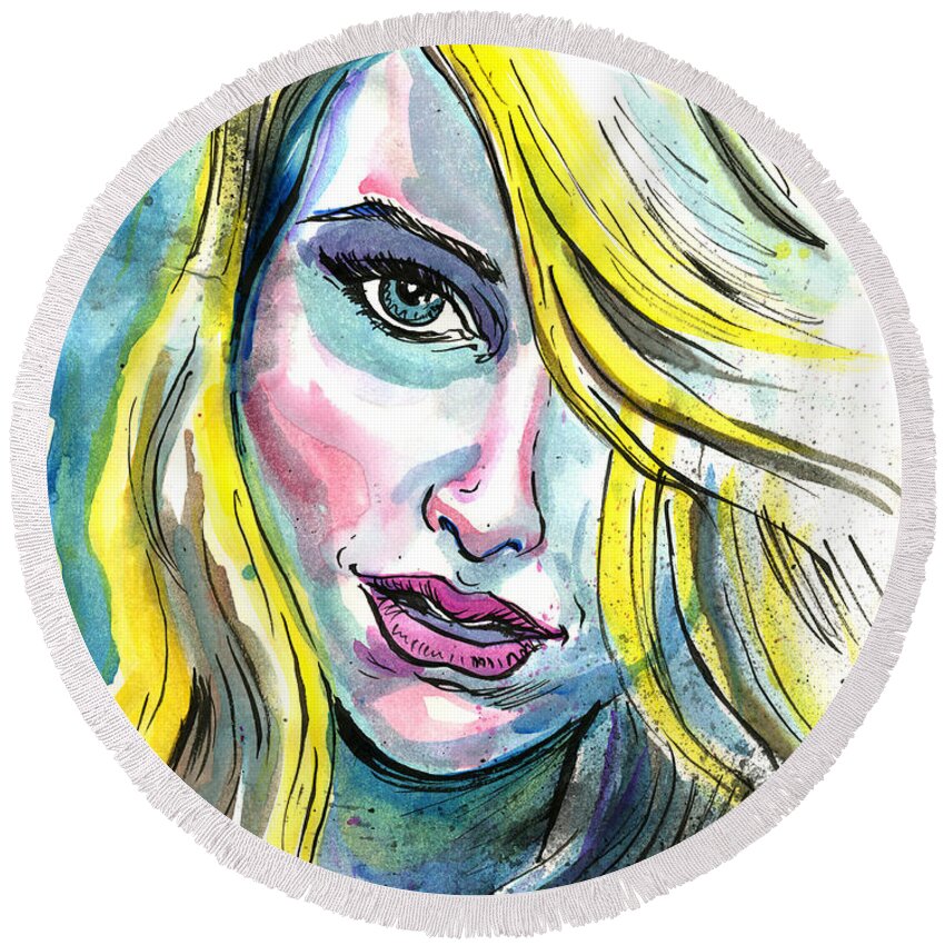 Woman Round Beach Towel featuring the mixed media Blue Water Blonde by John Ashton Golden