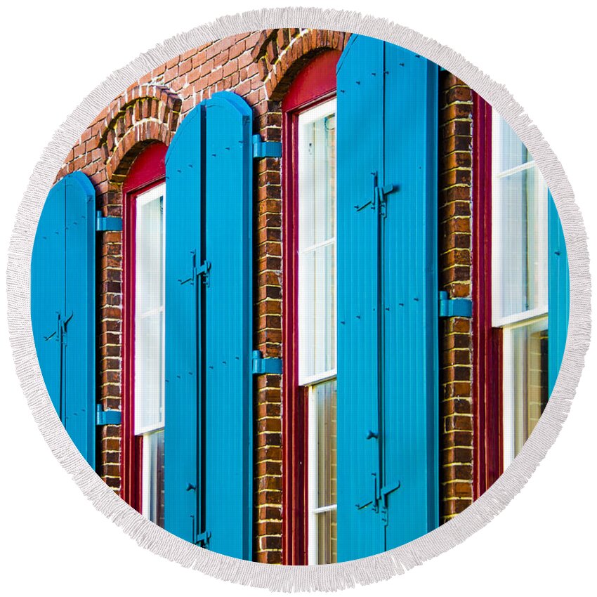 Architecture Round Beach Towel featuring the photograph Blue Windows by Carolyn Marshall