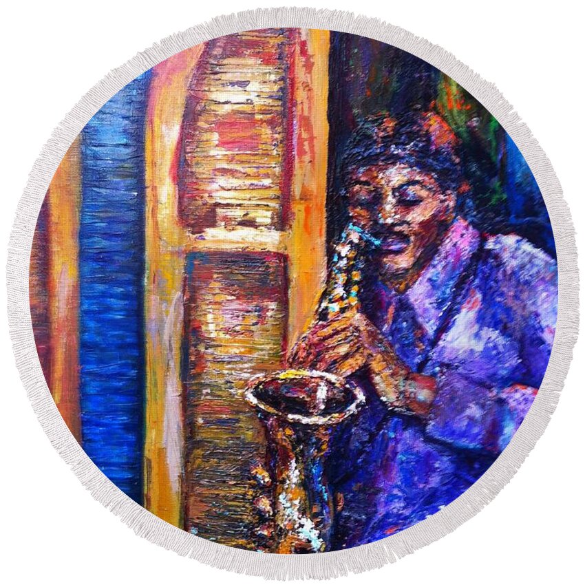New Orleans Round Beach Towel featuring the painting Blues Sax by Beverly Boulet