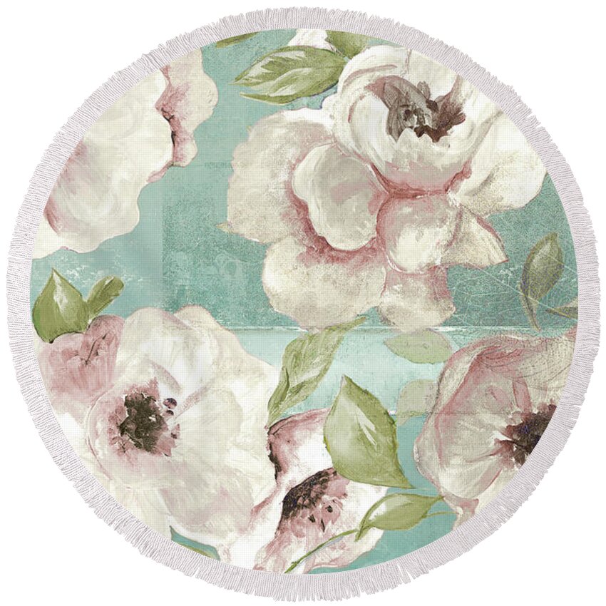 Blush Round Beach Towel featuring the painting Blush Flowers On Teal by Patricia Pinto