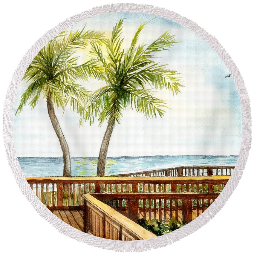 Deerfield Beach Round Beach Towel featuring the painting Boardwalk With Two Palms by Janis Lee Colon