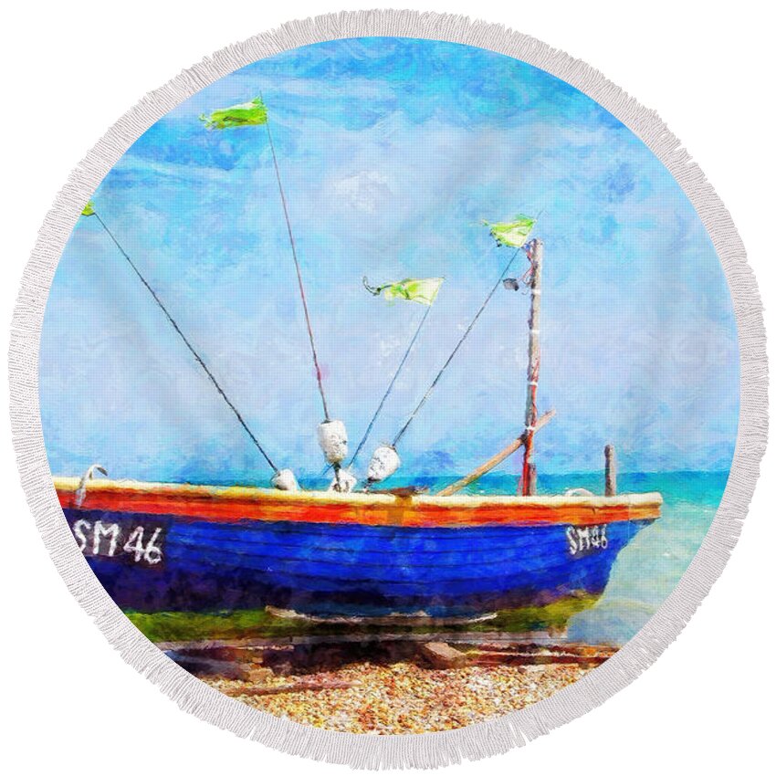 Boat Round Beach Towel featuring the painting Boat Ashore by Sandy MacGowan