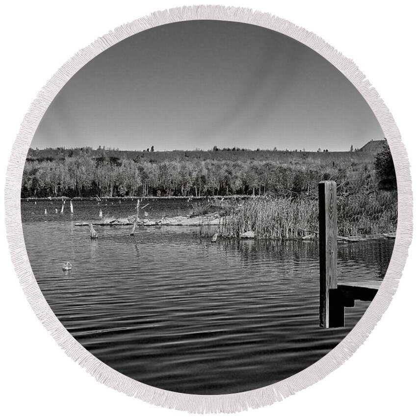 Black And White Photography Round Beach Towel featuring the photograph Boat Dock Black and White by Gwen Gibson