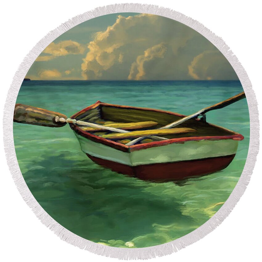 Clear Water Round Beach Towel featuring the painting Boat in Clear Water by David Van Hulst