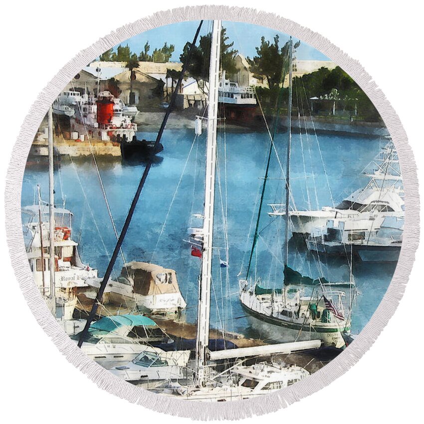 Boat Round Beach Towel featuring the photograph Boat - King's Wharf Bermuda by Susan Savad