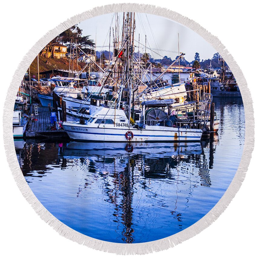 Boat Mast Reflection Round Beach Towel featuring the photograph Boat Mast Reflection in Blue Ocean at Dock Morro Bay Marina Fine Art Photography Print by Jerry Cowart