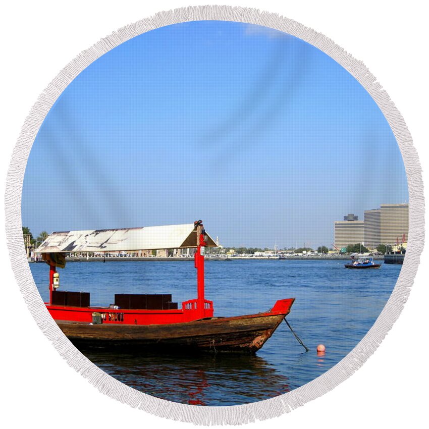 Background Round Beach Towel featuring the photograph Boat on the River by Amanda Mohler