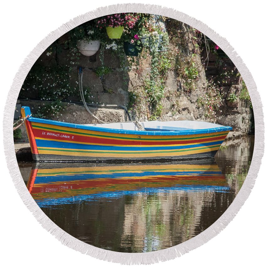 Pontrieux Round Beach Towel featuring the photograph Boat on the River Trieux in Pontrieux France by Ann Garrett