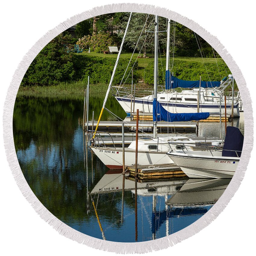 Boats Round Beach Towel featuring the photograph Boat Reflections in Cape Cod Hen Cove by Eleanor Abramson
