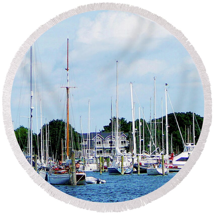 Boat Round Beach Towel featuring the photograph Boat - Village Dock at Wickford RI by Susan Savad
