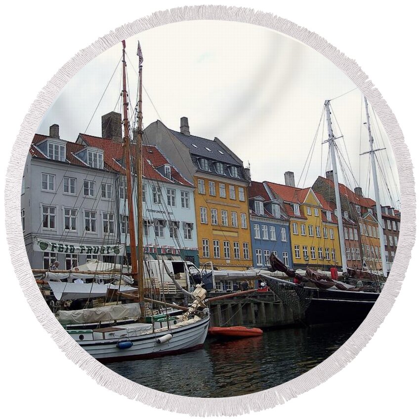 Nyhavn Round Beach Towel featuring the photograph Boats Docked In The Nyhavn Area Of Copenhagen Denmark by Rick Rosenshein