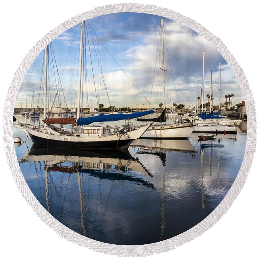 San Diego Round Beach Towel featuring the photograph Boats in a Row San Diego Harbor by Joseph S Giacalone