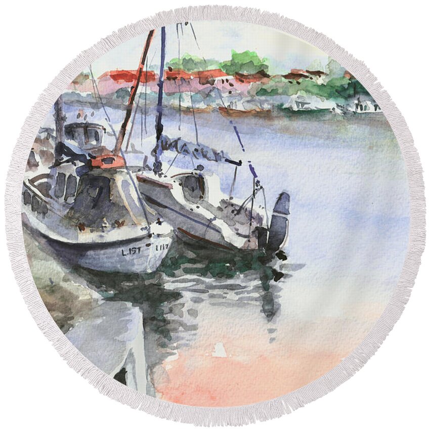 Boats Round Beach Towel featuring the painting Boats Inshore by Faruk Koksal