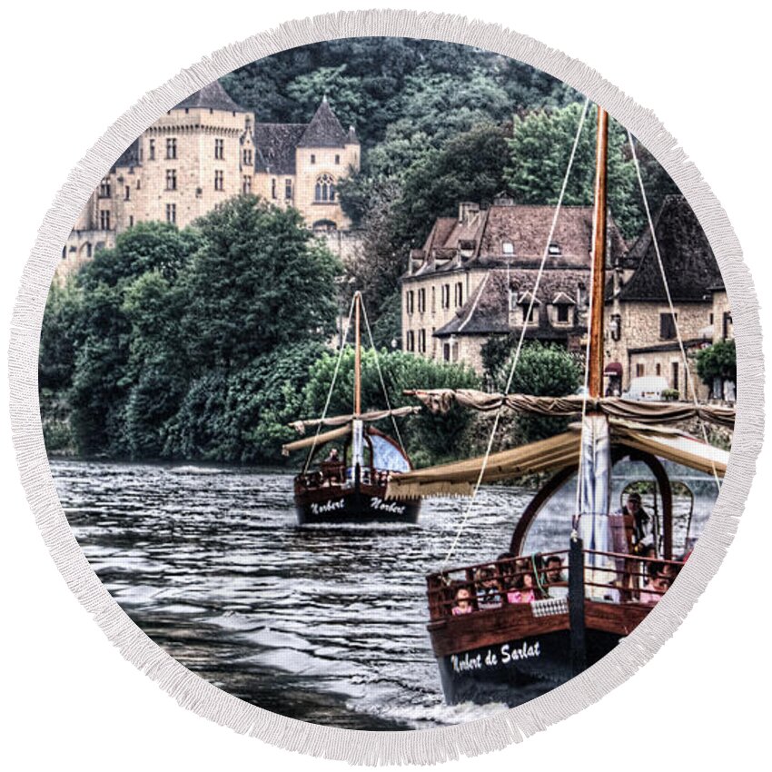 France Round Beach Towel featuring the photograph Boats sailing the Dordogne river in La Roque Gageac by Weston Westmoreland