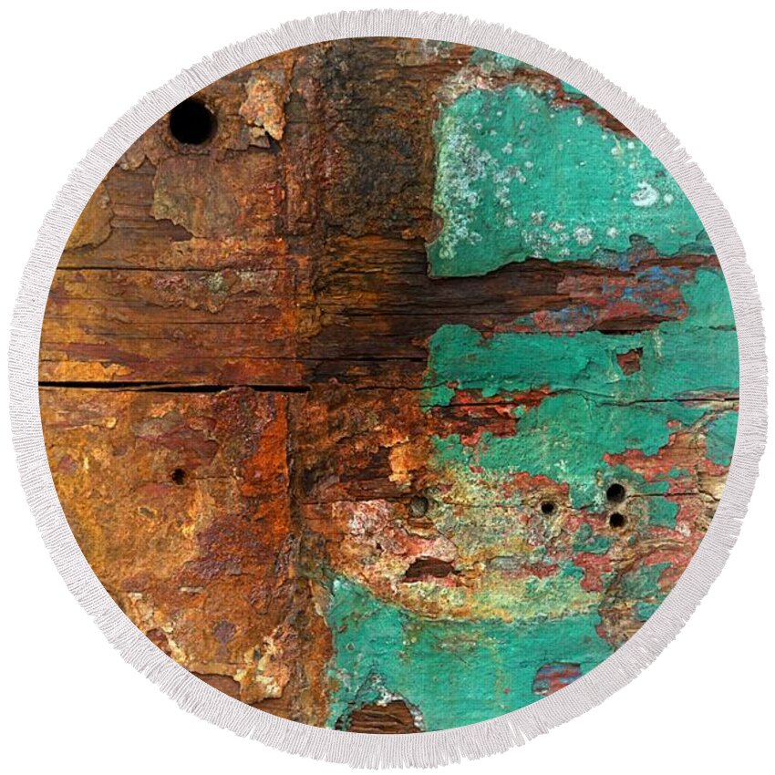 Newel Hunter Round Beach Towel featuring the photograph Boatyard Abstract 6 by Newel Hunter