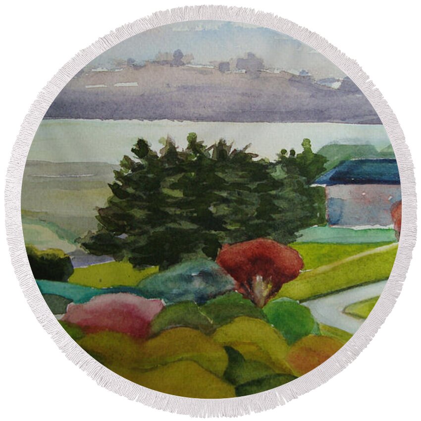 Landscape Round Beach Towel featuring the painting Bodega by Karen Coggeshall