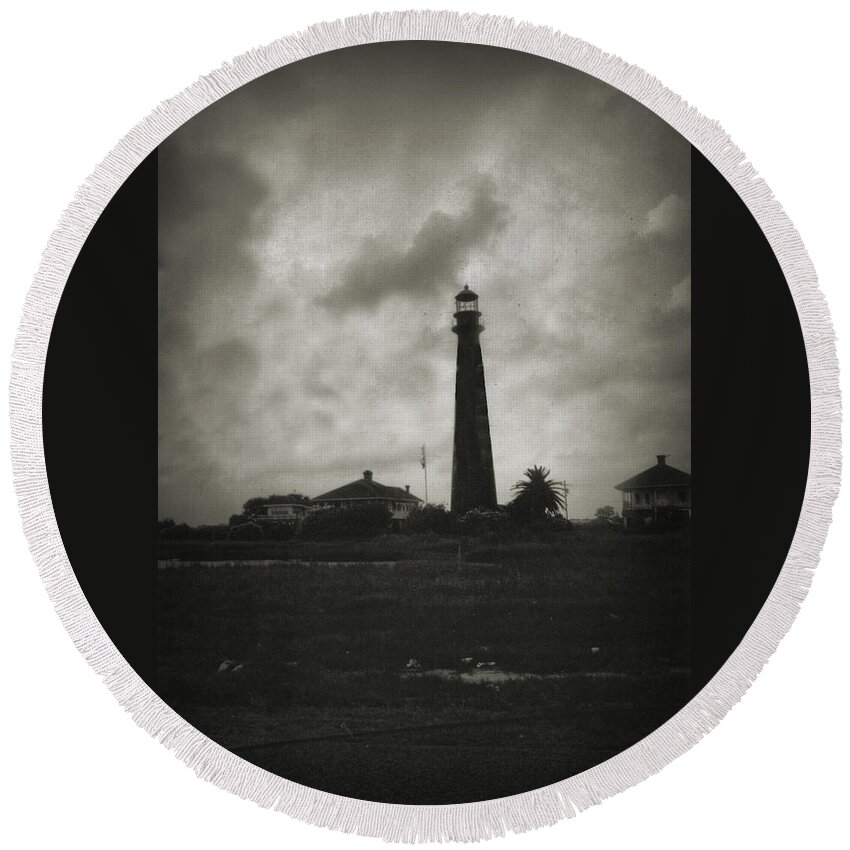 Bolivar Lighthouse Round Beach Towel featuring the digital art Bolivar Lighthouse by Linda Unger