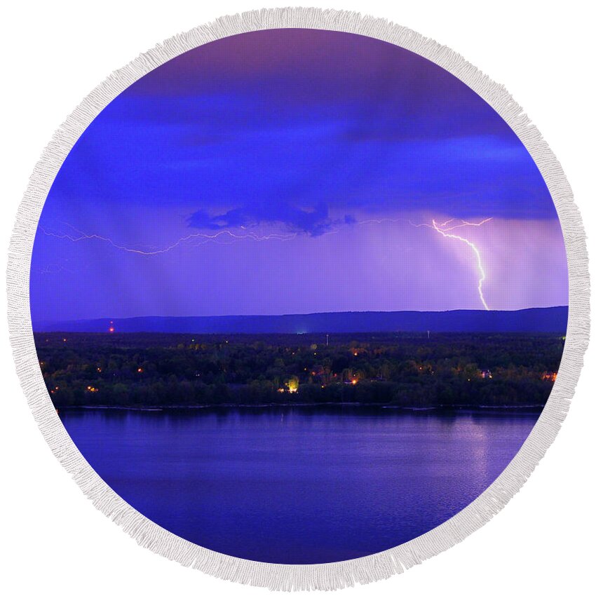 Lightning Round Beach Towel featuring the photograph Bolt Over Gatineau Hills by Tony Beck