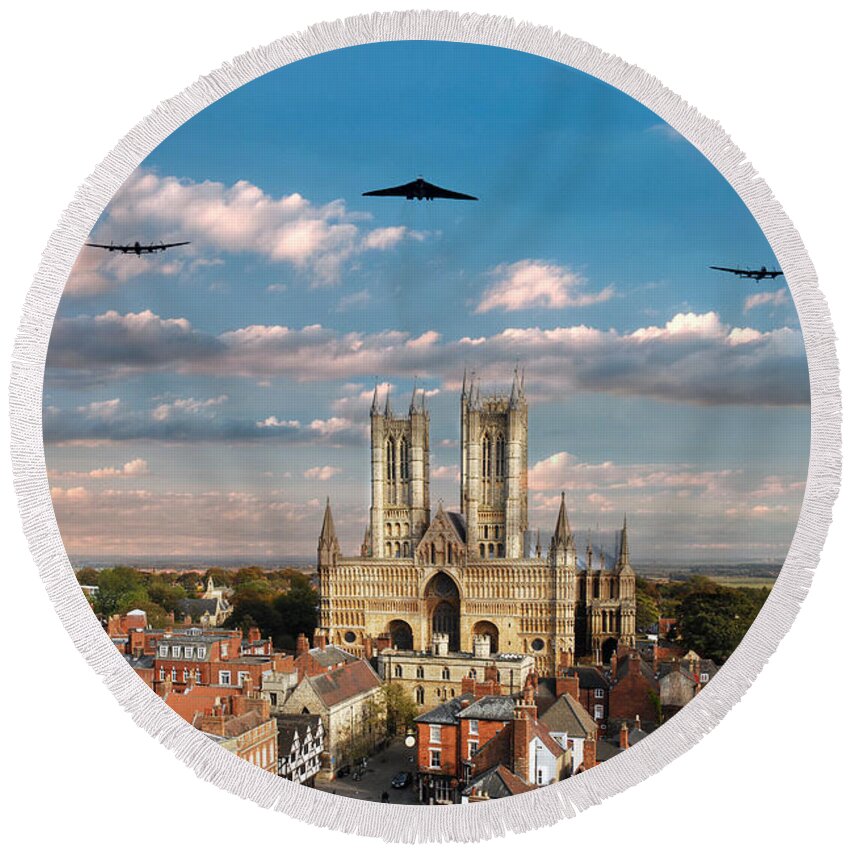 Avro Round Beach Towel featuring the digital art Bombers Over Lincoln by Airpower Art