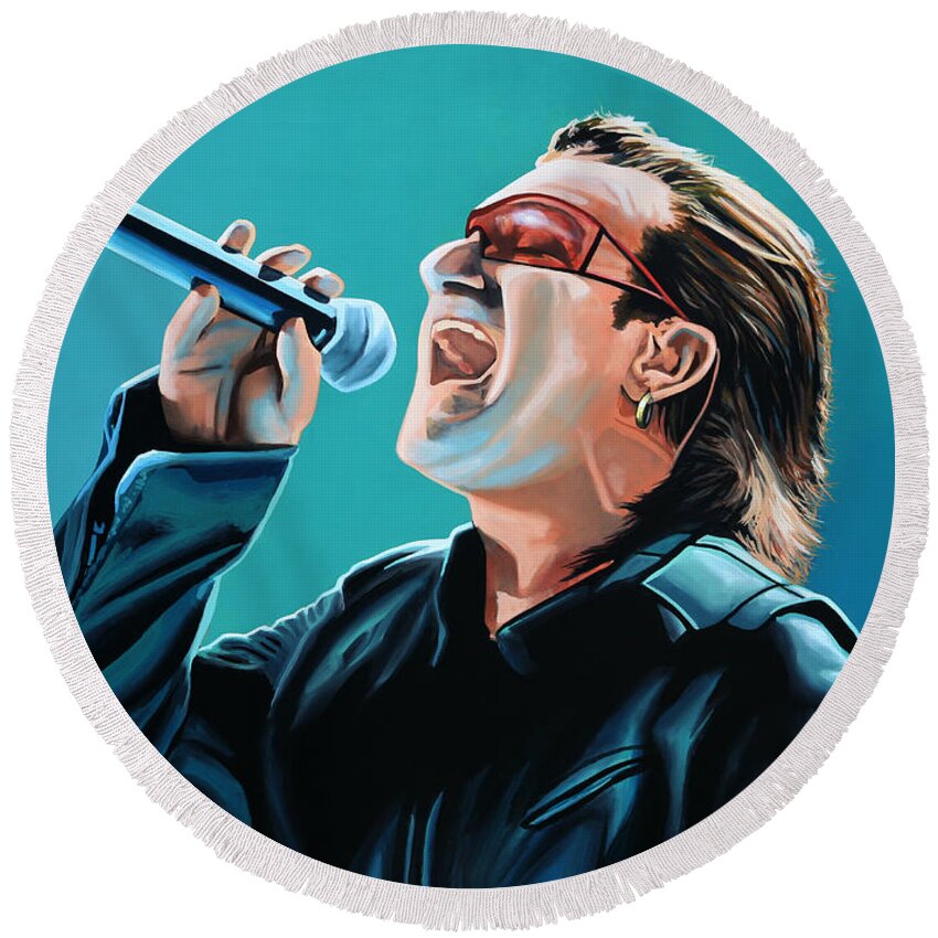 Rock And Roll Round Beach Towel featuring the painting Bono of U2 Painting by Paul Meijering